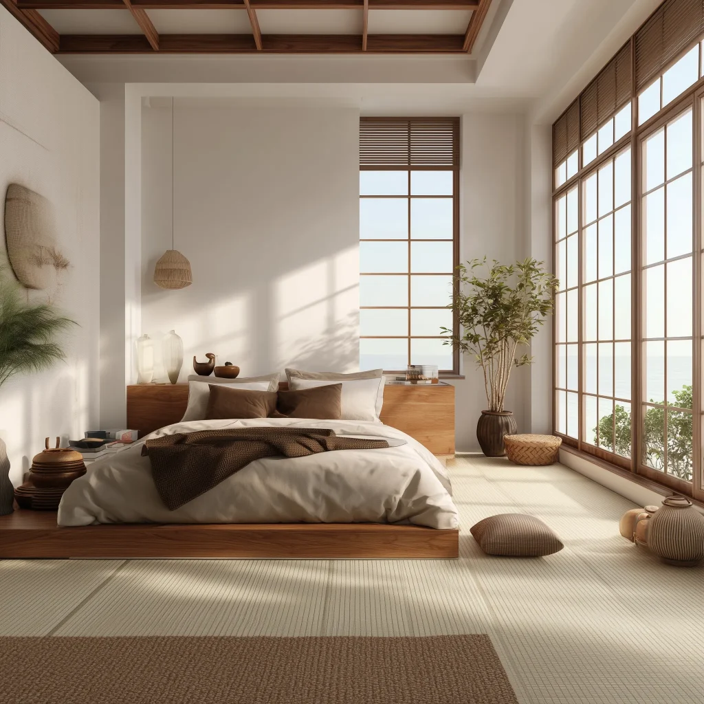Inspirasi kamar tidur gaya Scandinavian dengan jendela kaca besar menghadap taman