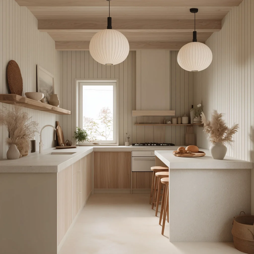 Desain Interior Dapur Farmhouse – Kombinasi Kayu Putih & Tone Natural