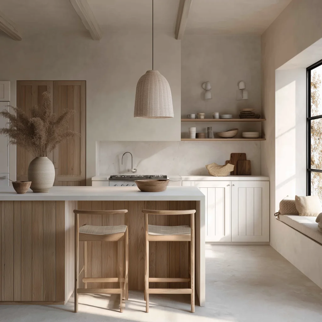 Desain Interior Dapur Farmhouse – Kombinasi Kayu Putih & Tone Natural