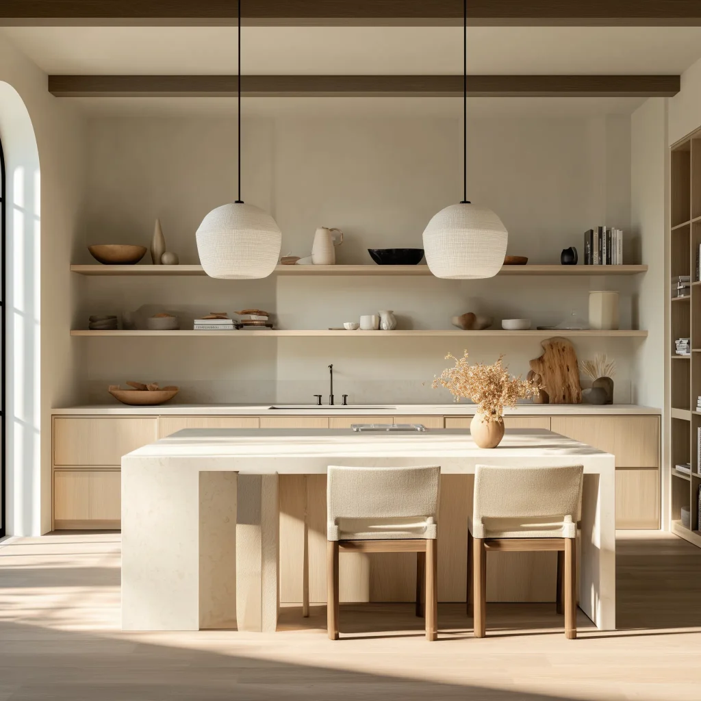 Dapur compact modern dengan island table dan kursi bar kayu