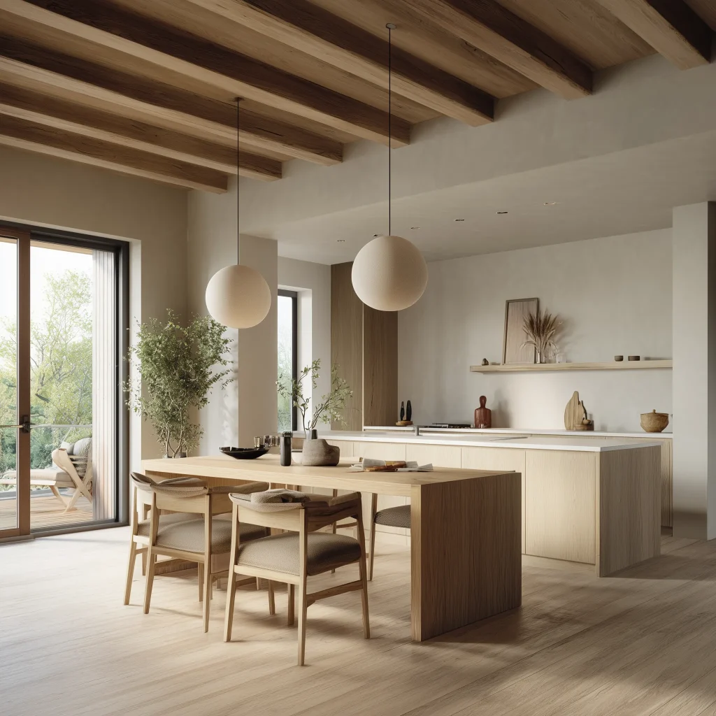 Inspirasi desain dapur minimalis dengan island table kayu dan kursi rotan