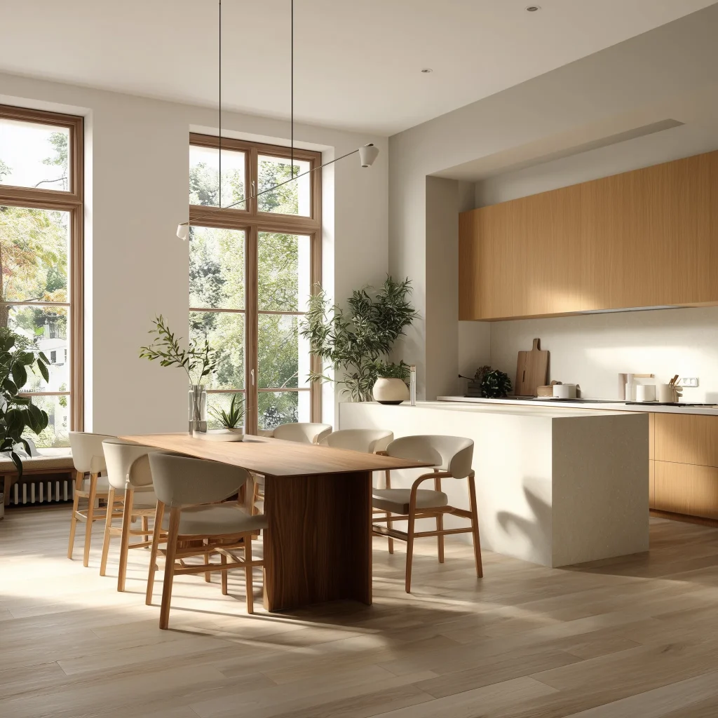 Dapur modern minimalis dengan island table yang menyatu dengan meja makan