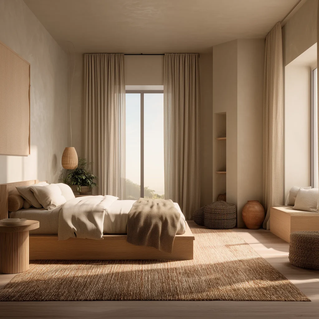 Sebuah kamar tidur Japandi modern yang elegan, menampilkan dinding aksen yang seluruhnya terbuat dari bilah-bilah kayu vertikal. Ranjang platform kayu yang rendah ditempatkan di atas karpet berwarna krem, menciptakan suasana yang hangat dan bertekstur.