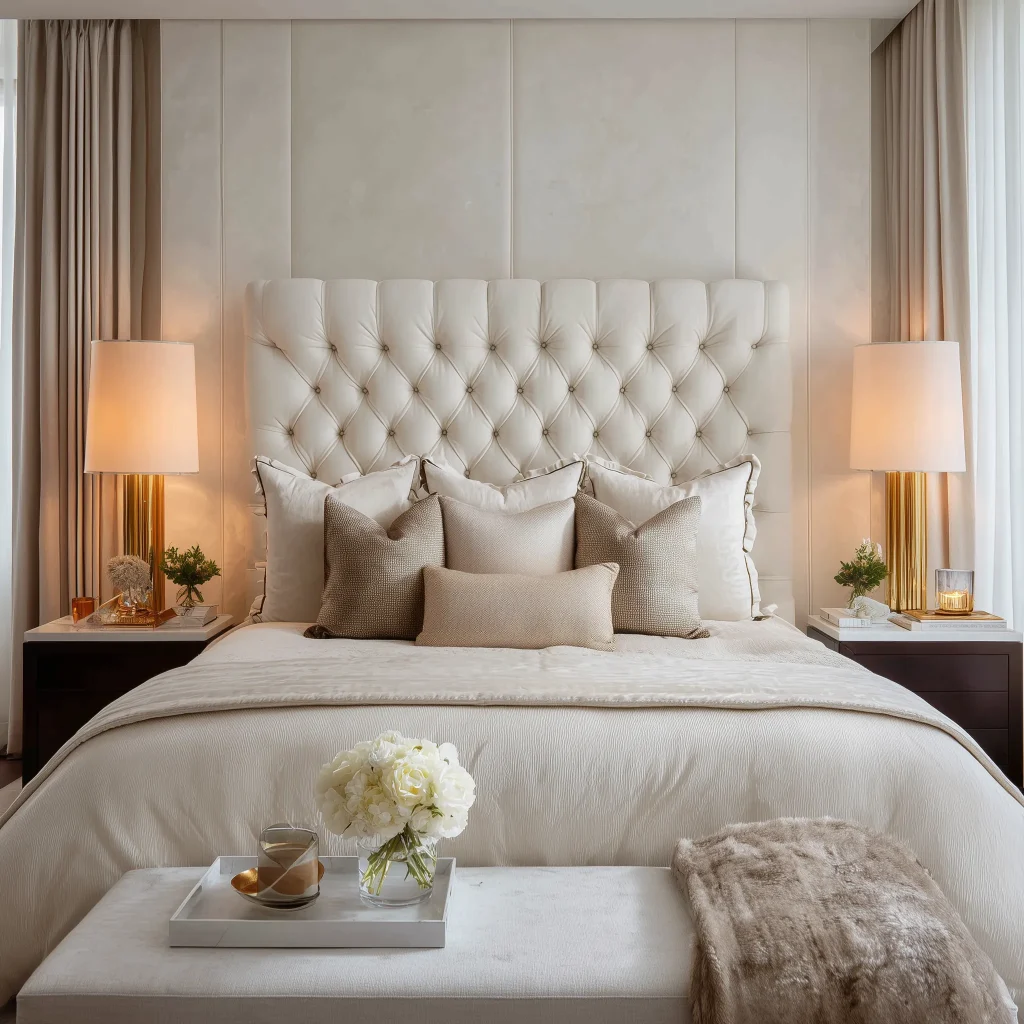 Desain kamar tidur utama elegant luxury dengan oversized button-tufted headboard cream, panel wall backdrop, bedding layered neutral tones, table lamp gold dengan white shade, dan ottoman upholstered dengan tray