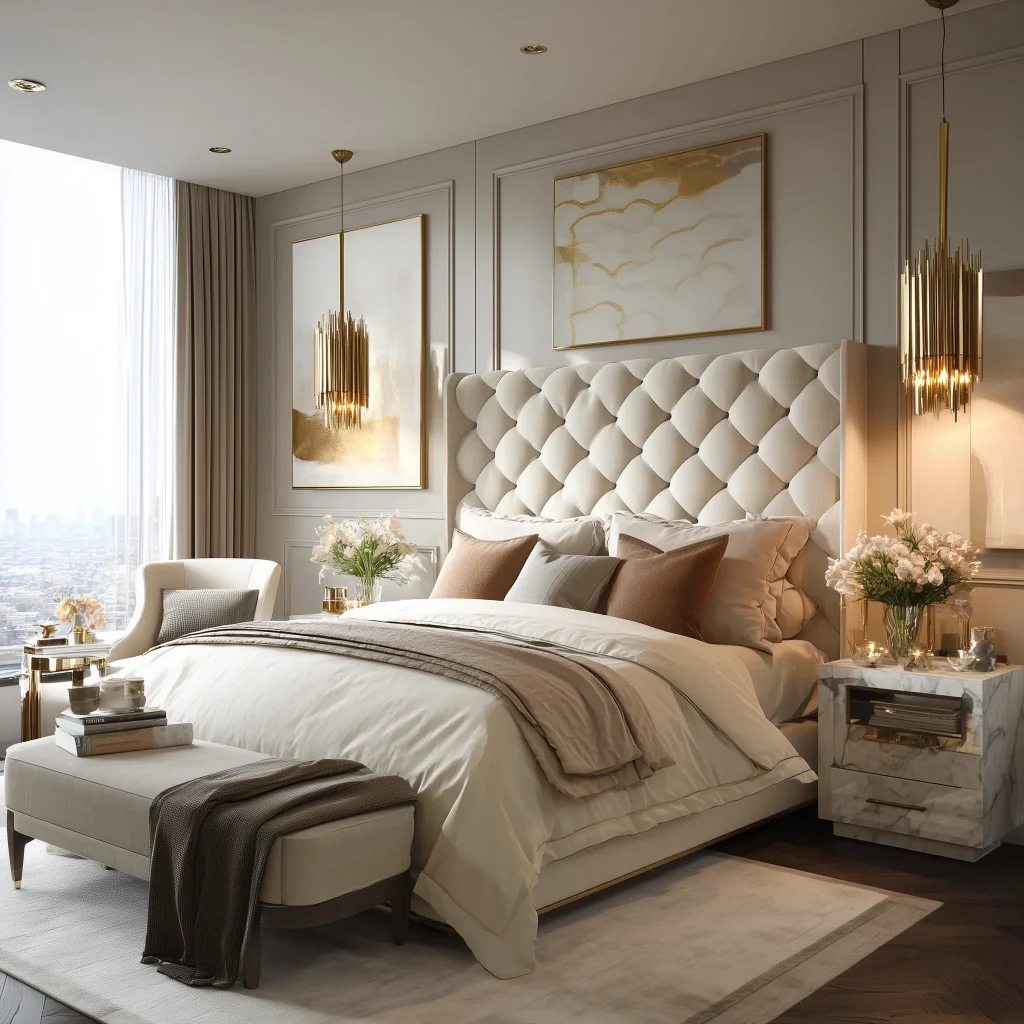 Interior kamar tidur utama luxury glam dengan tall tufted headboard cream diamond pattern, panel molding dinding, wall art gold abstract, pendant light gold sculptural, nightstand marble dengan fresh flowers