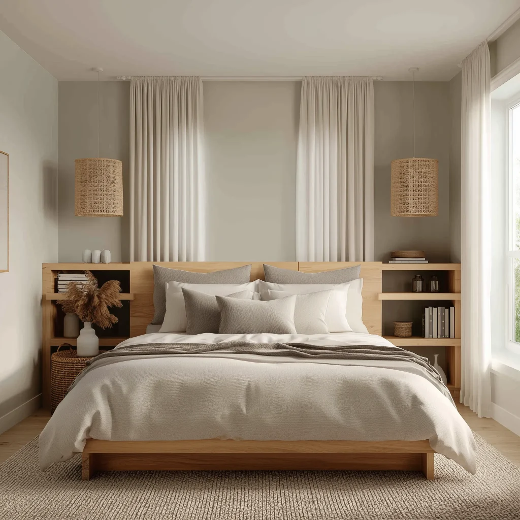 Interior kamar tidur utama Japandi dengan headboard kayu terang dengan integrated side shelves, bedding grey cream layered, pendant light rattan woven, dan jendela dengan sheer curtains beige