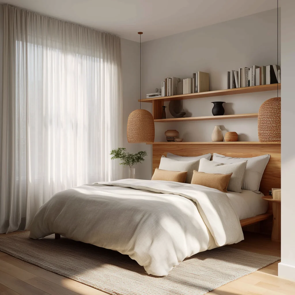Kamar Tidur Utama Boho Natural dengan Headboard Rattan dan Open Shelves
