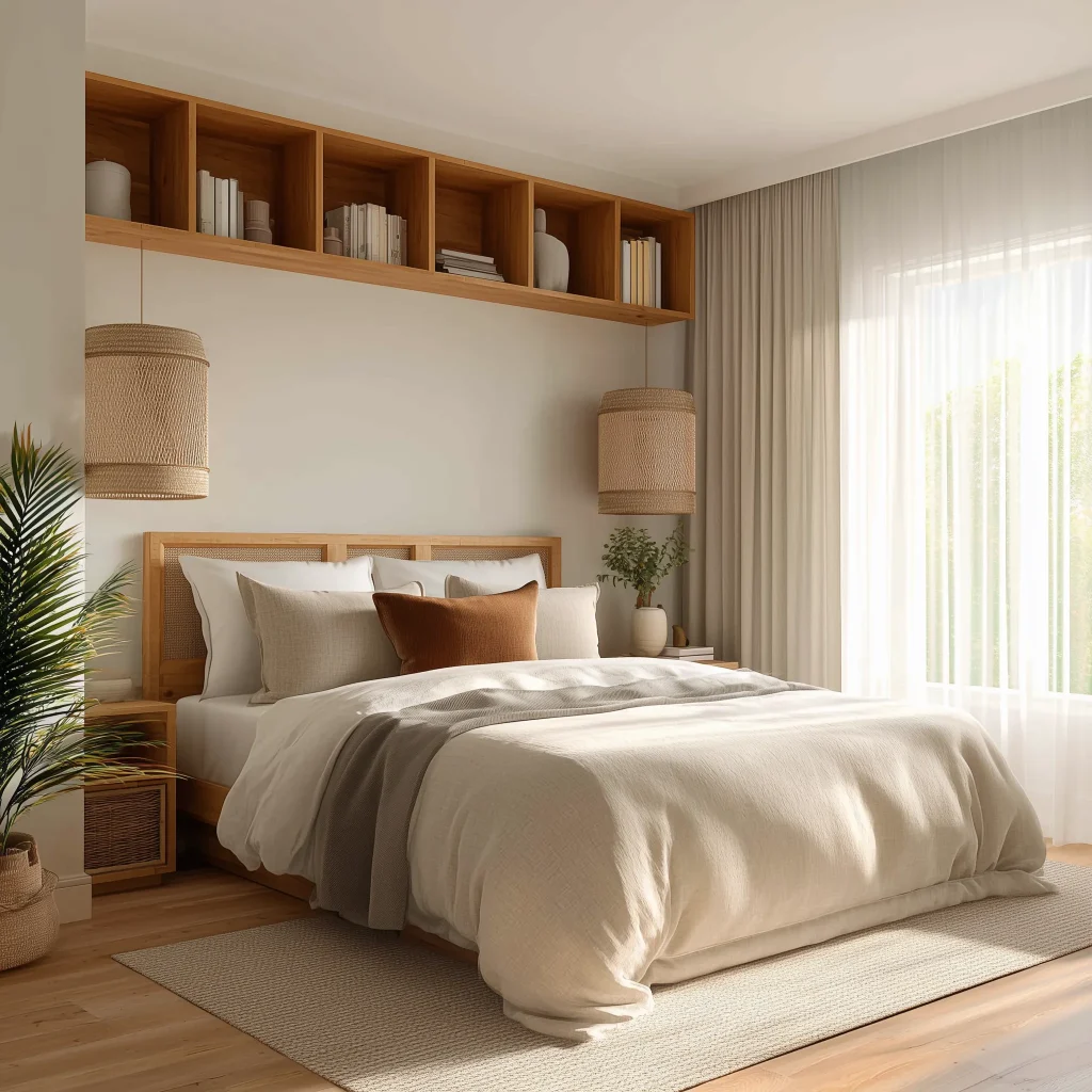 Desain kamar tidur utama boho natural dengan headboard rattan cane panel, overhead open cube shelves kayu, bedding white dengan accent pillow terracotta, pendant light rattan oversized, dan tropical plant decor