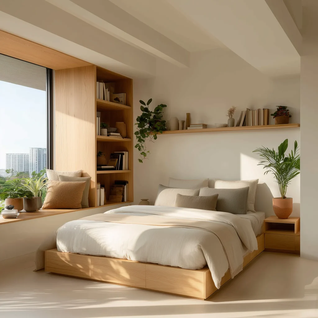 Sebuah kamar tidur Japandi yang terang dengan ranjang platform kayu. Di samping jendela besar terdapat unit rak buku built-in dari kayu yang menyatu dengan area duduk yang nyaman, dihiasi bantal dan tanaman.