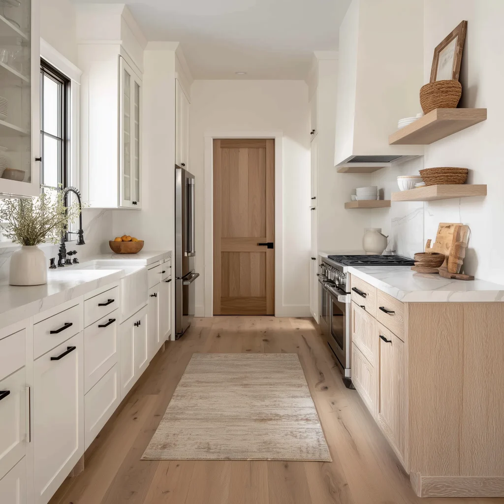 Desain Interior Dapur Farmhouse – Kombinasi Kayu Putih & Tone Natural