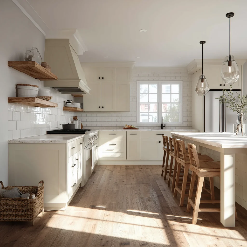 Desain Interior Dapur Farmhouse – Kombinasi Kayu Putih & Tone Natural