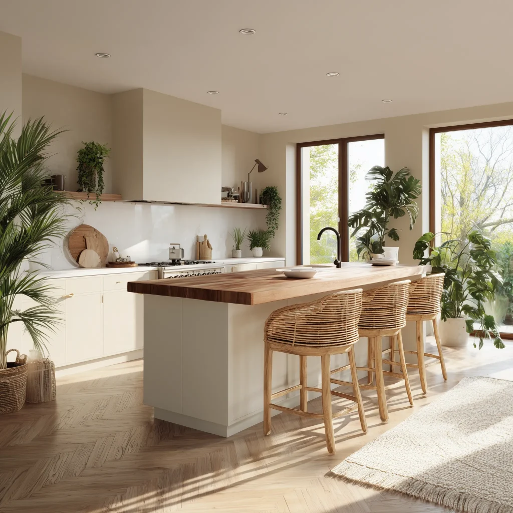 Desain dapur modern minimalis dengan island table kayu oak dan countertop marmer