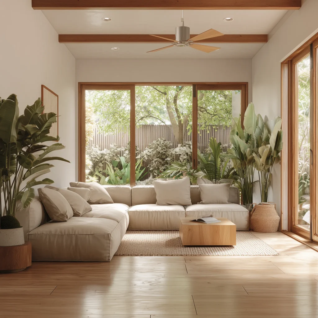 Konsep ruang keluarga minimalis tropis dengan sofa modular multifungsi warna beige