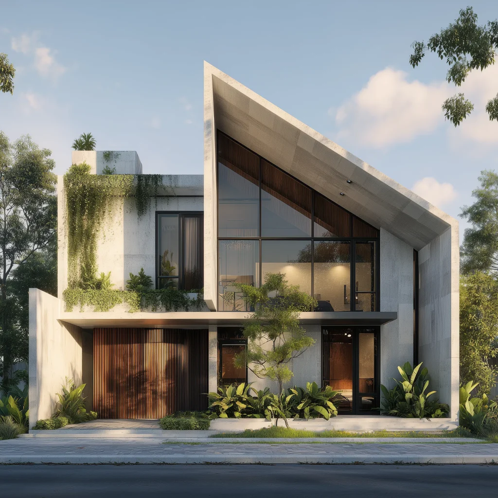 Fasad Kaca Geometris & Material Kombinasi