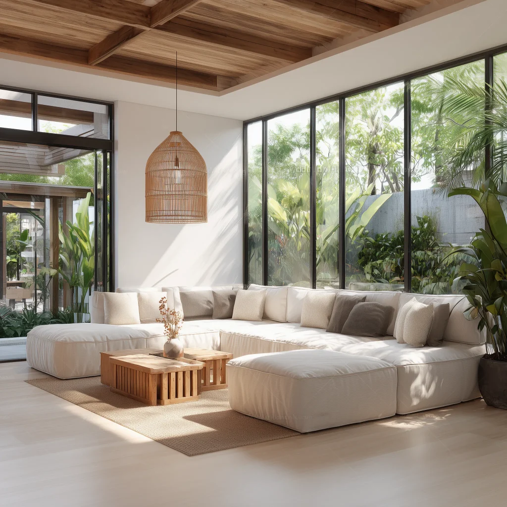 Inspirasi ruang keluarga modern dengan sofa modular L-shape dan lampu rotan