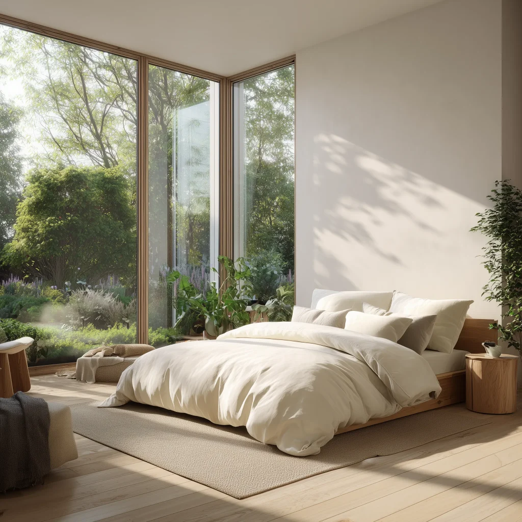 Sebuah kamar tidur Japandi yang tenang dengan ranjang kayu rendah di atas lantai anyaman mirip tatami. Jendela besar dengan banyak panel kaca kecil menghadap ke pemandangan laut yang indah. Plafon kayu dan tanaman bambu menambah kesan alami.