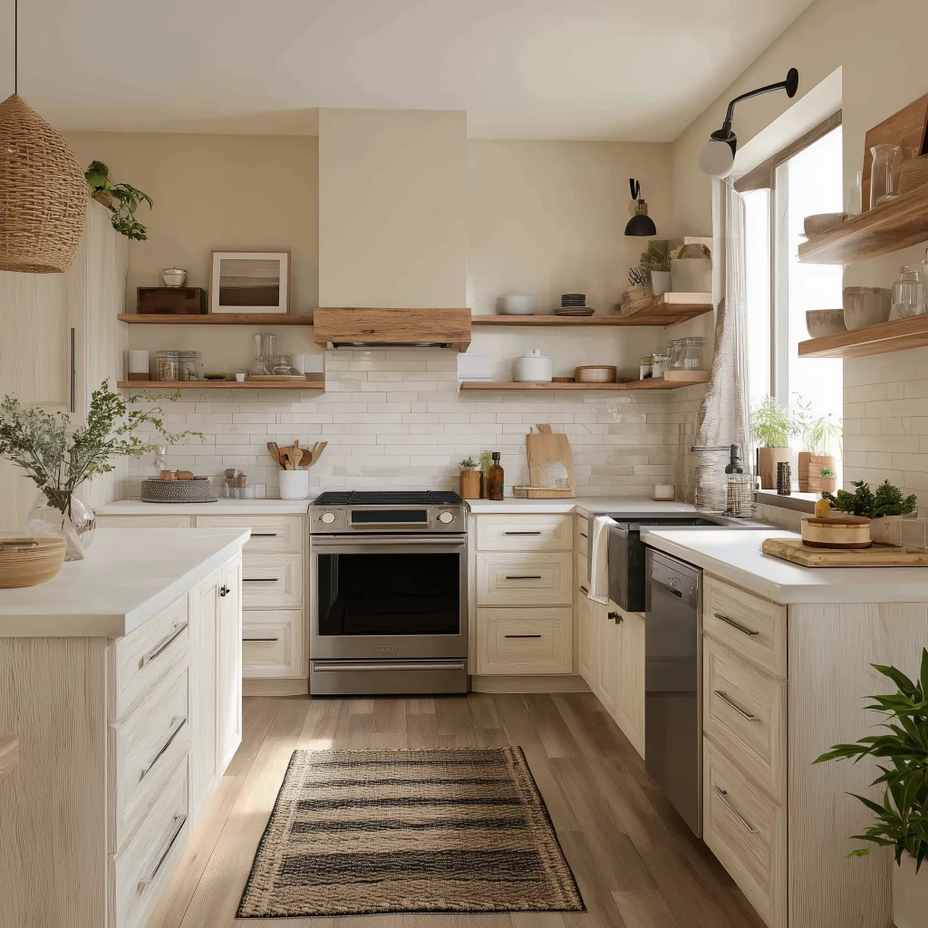 Desain Interior Dapur Farmhouse – Kombinasi Kayu Putih & Tone Natural