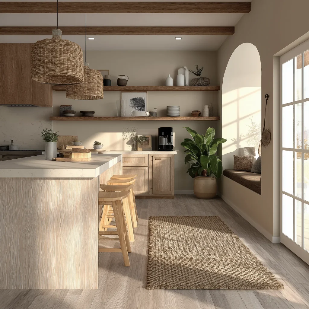 Desain Interior Dapur Farmhouse – Kombinasi Kayu Putih & Tone Natural