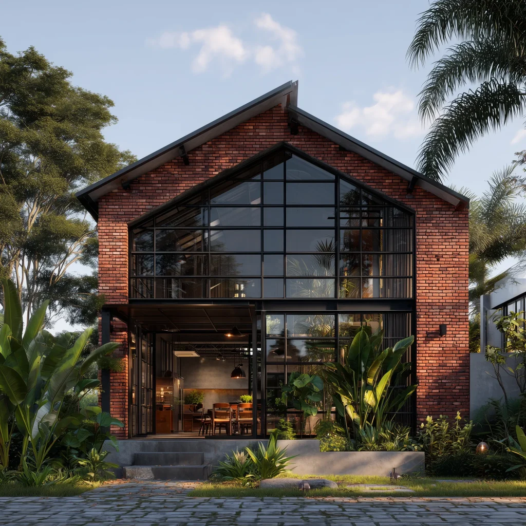 Desain rumah industrial modern dengan fasad kaca dan struktur baja hitam