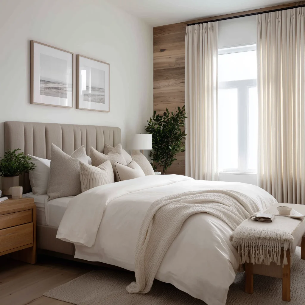 Desain kamar tidur utama contemporary minimalist dengan upholstered headboard beige channel-tufted vertical, wood accent panel di belakang, wall art abstract dua panel, wall sconce black modern, dan bedding white dengan throw beige