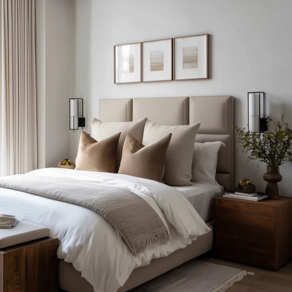 Interior kamar tidur utama modern elegant dengan panel headboard upholstered beige tiga bagian, wall art abstract triptych, wall sconce modern black frame, nightstand kayu walnut, dan bedding layered neutral dengan throw textured