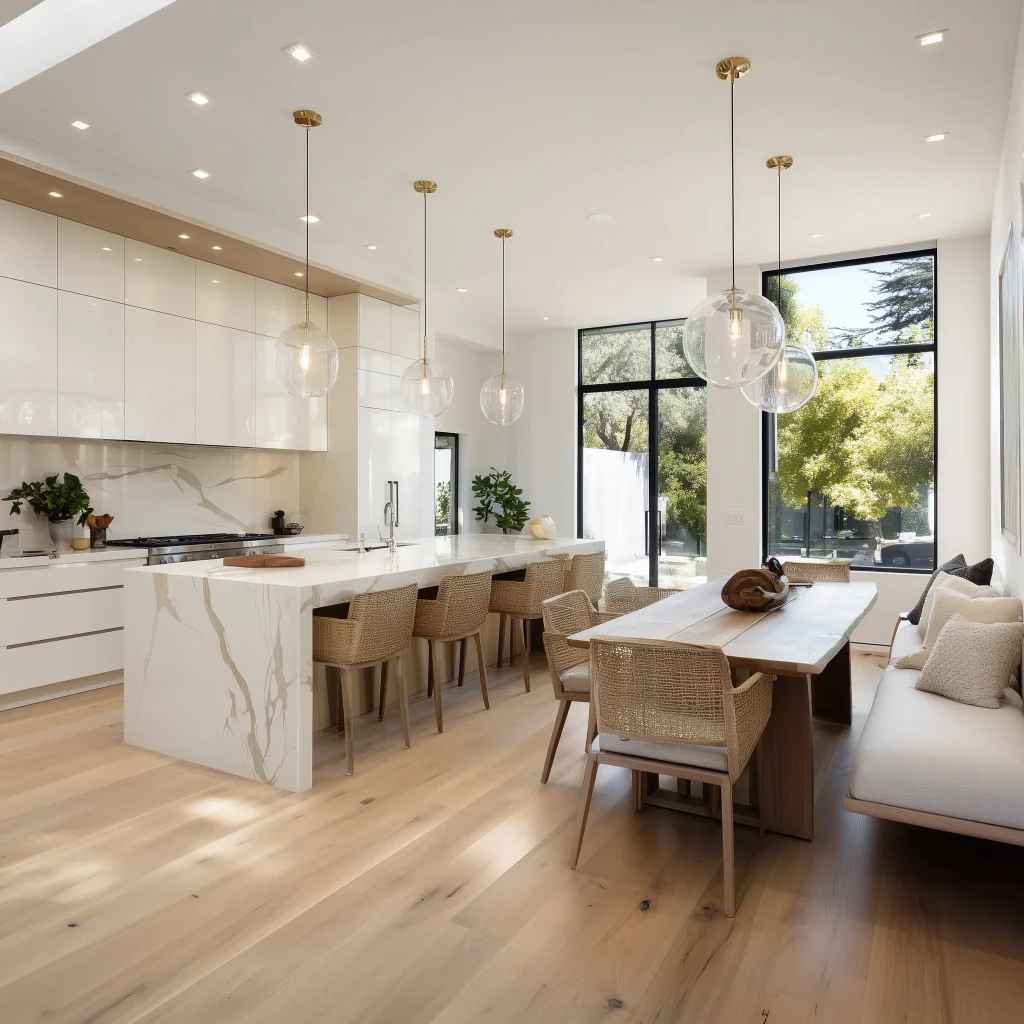 Konsep desain dapur compact modern dengan island table minimalis dan rak terbuka