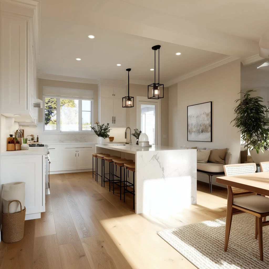 Konsep desain dapur gaya Japandi dengan island table minimalis dan palet warna netral