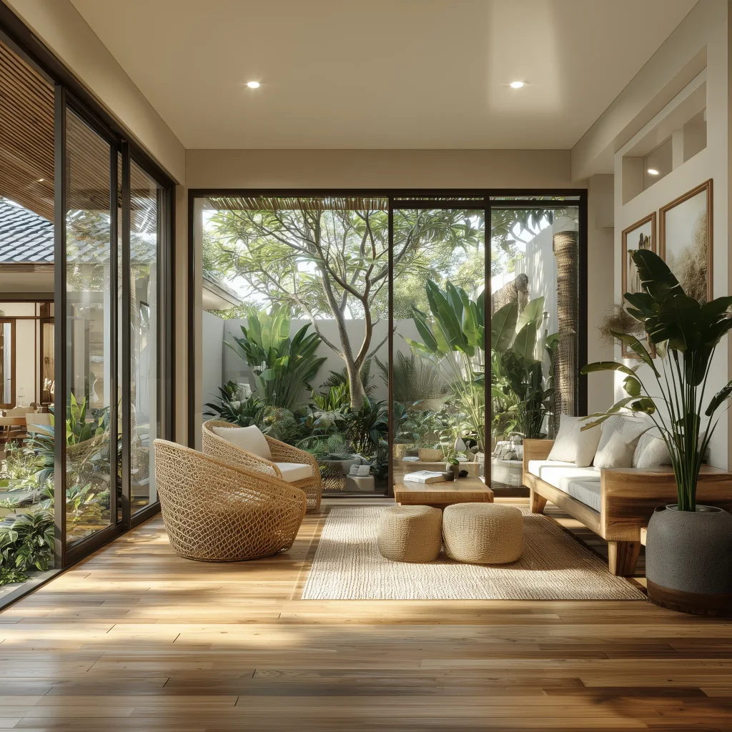 Inspirasi ruang keluarga open space modern dengan kursi rotan dan lantai kayu