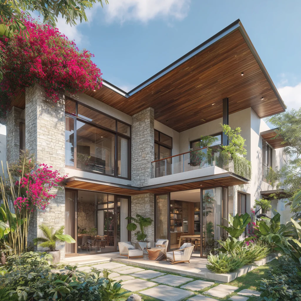Konsep desain rumah tropis modern dengan atap datar dan panel kayu
