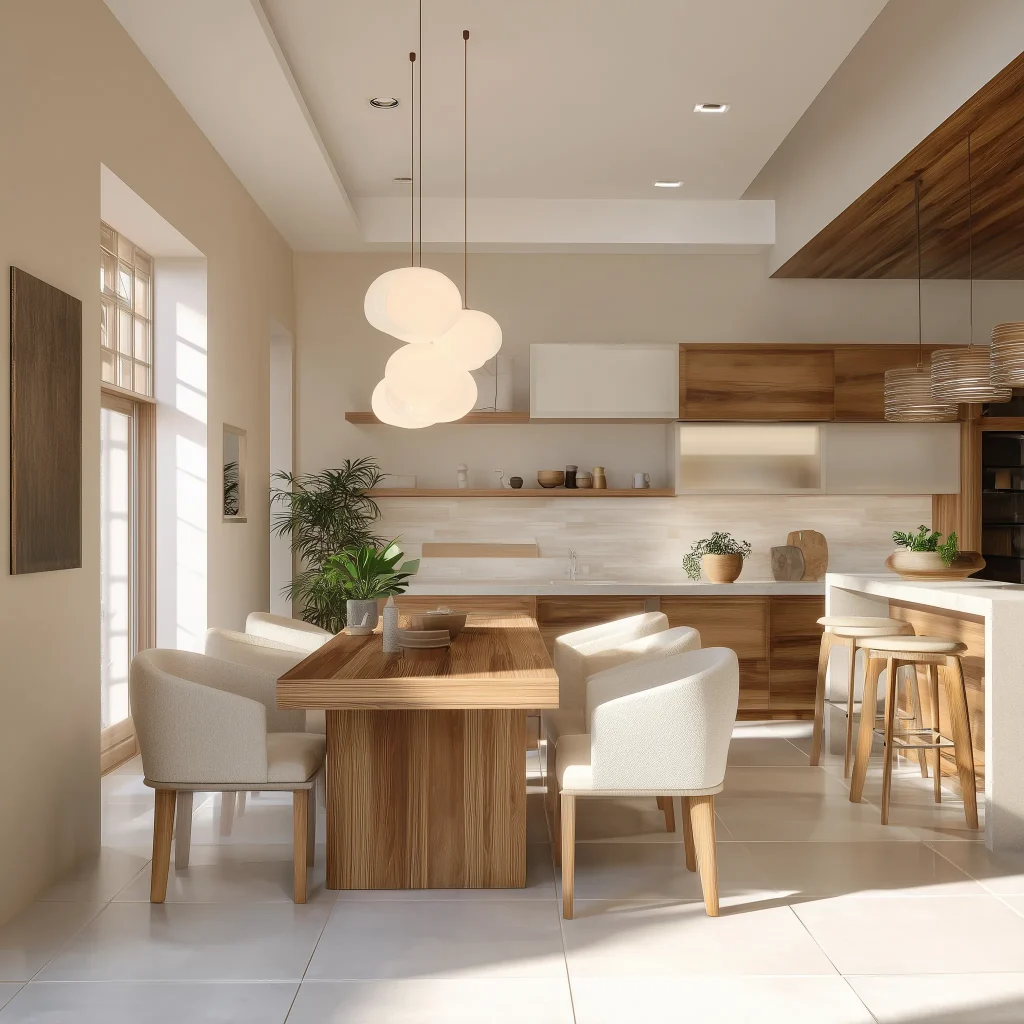Dapur compact modern dengan island table dan kursi bar kayu