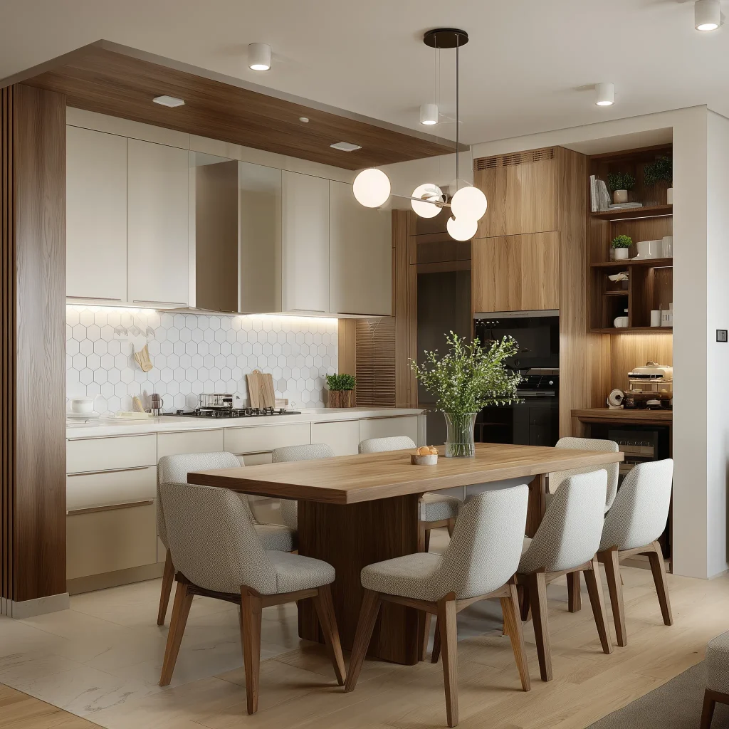 Dapur modern dengan island table marmer yang menyatu dengan meja kayu