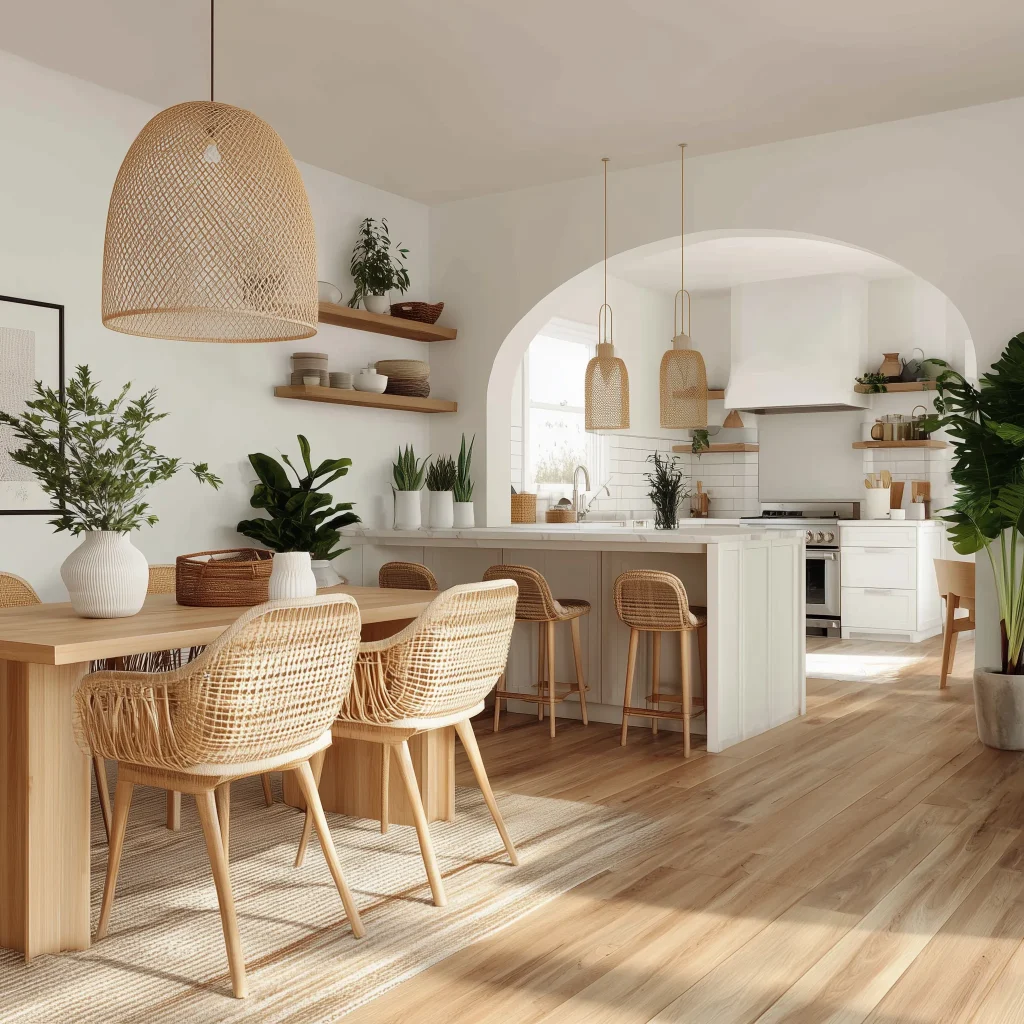 Desain dapur modern minimalis mewah dengan island table quartz dan basis kayu