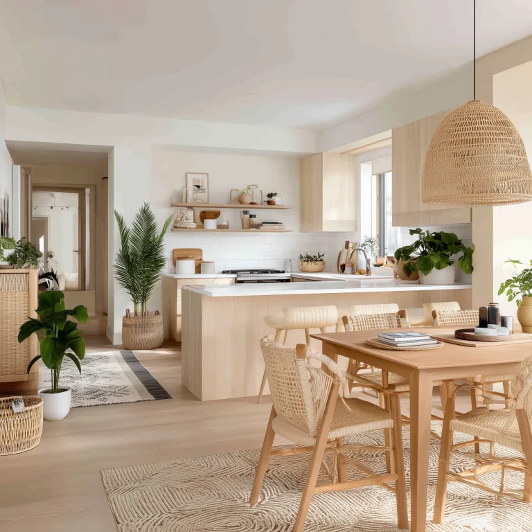 Desain dapur modern dengan island table marmer dan aksen kayu