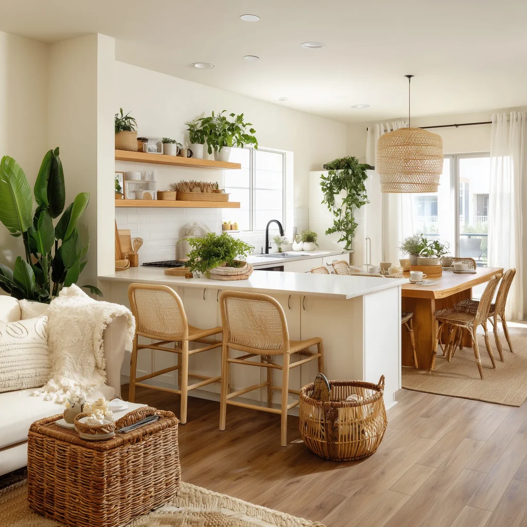 Desain dapur modern minimalis dengan island table kayu oak dan countertop marmer