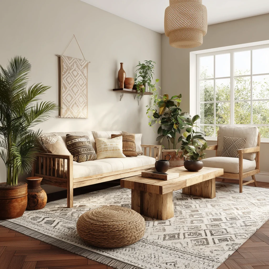 Ruang tamu rustic dengan karpet etnik, furnitur kayu, dan banyak tanaman hias