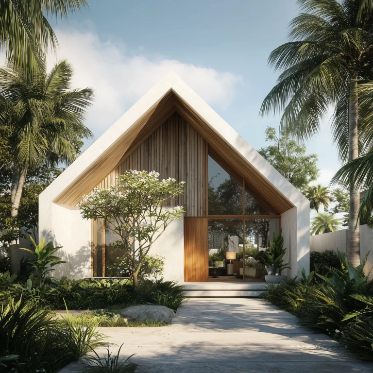 Desain rumah Scandinavian tropis dengan atap segitiga ikonik dan fasad kaca