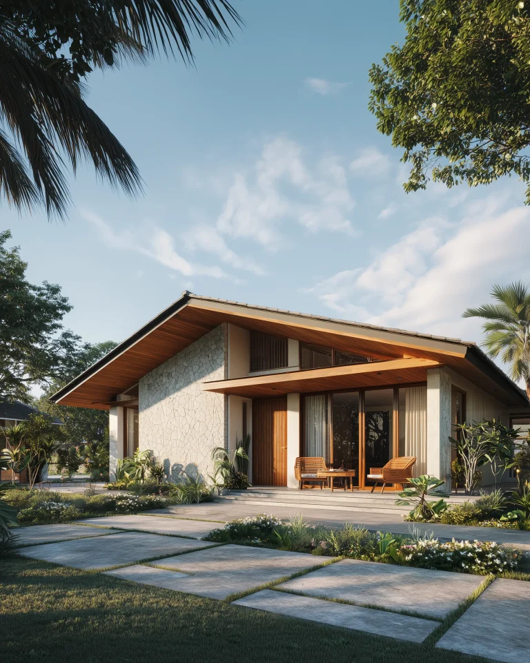 Desain fasad rumah Mid-Century Modern dengan atap landai dan panel kayu