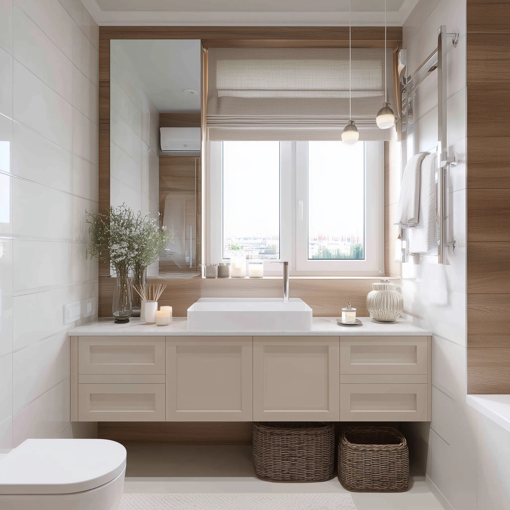Inspirasi Kamar Mandi Kecil dengan Cermin Besar