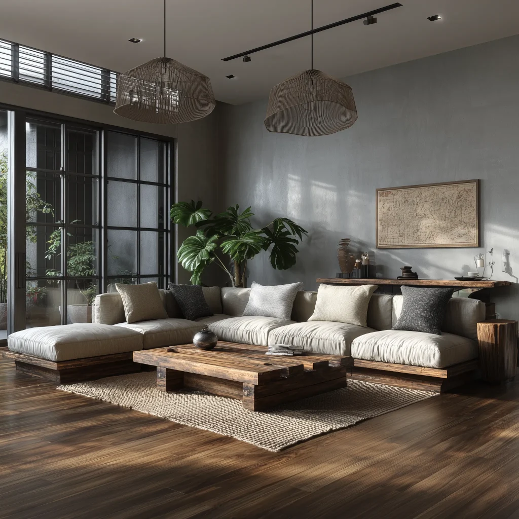 Desain ruang keluarga stylish dengan sofa sectional dan lantai kayu