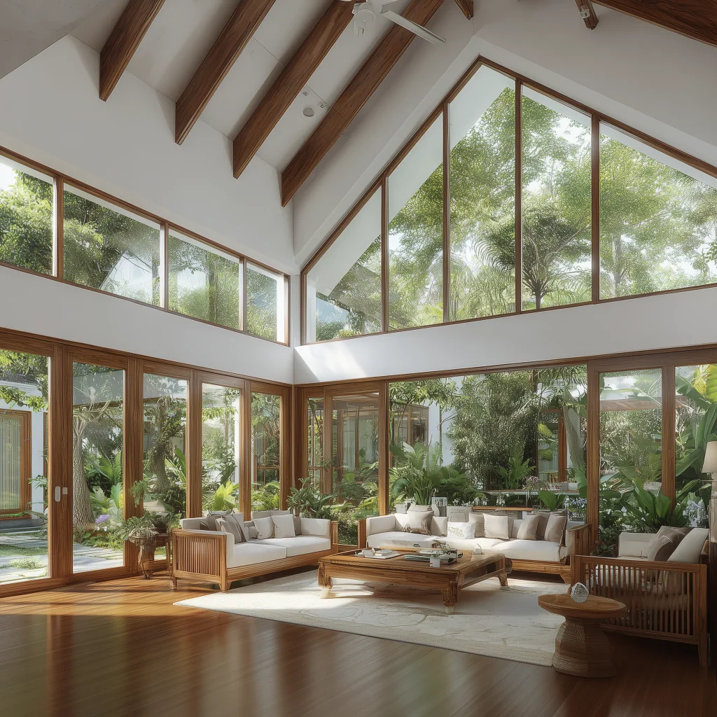 Desain ruang keluarga open space tropis modern dengan plafon tinggi