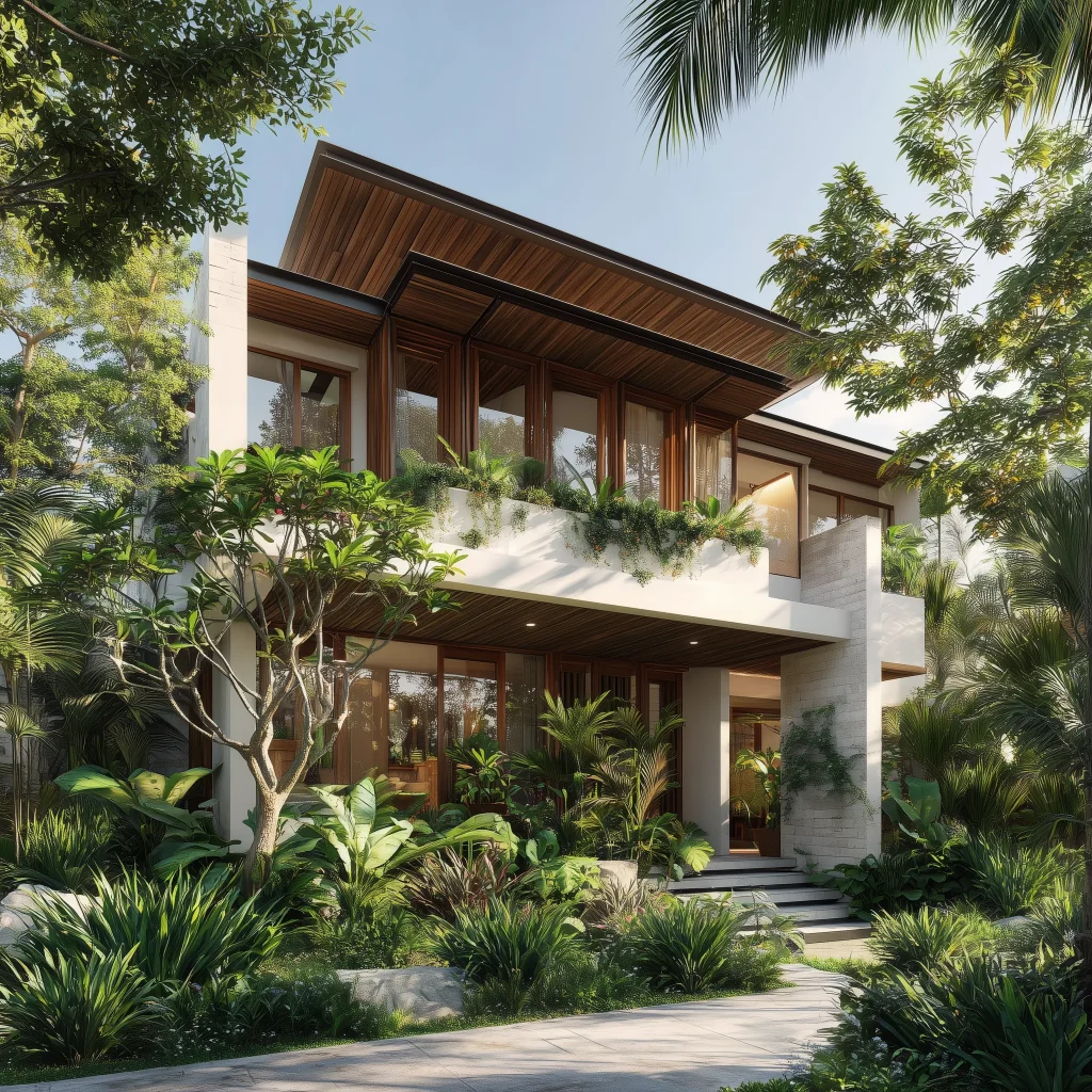 Desain rumah tropis modern dengan jendela lebar untuk ventilasi silang