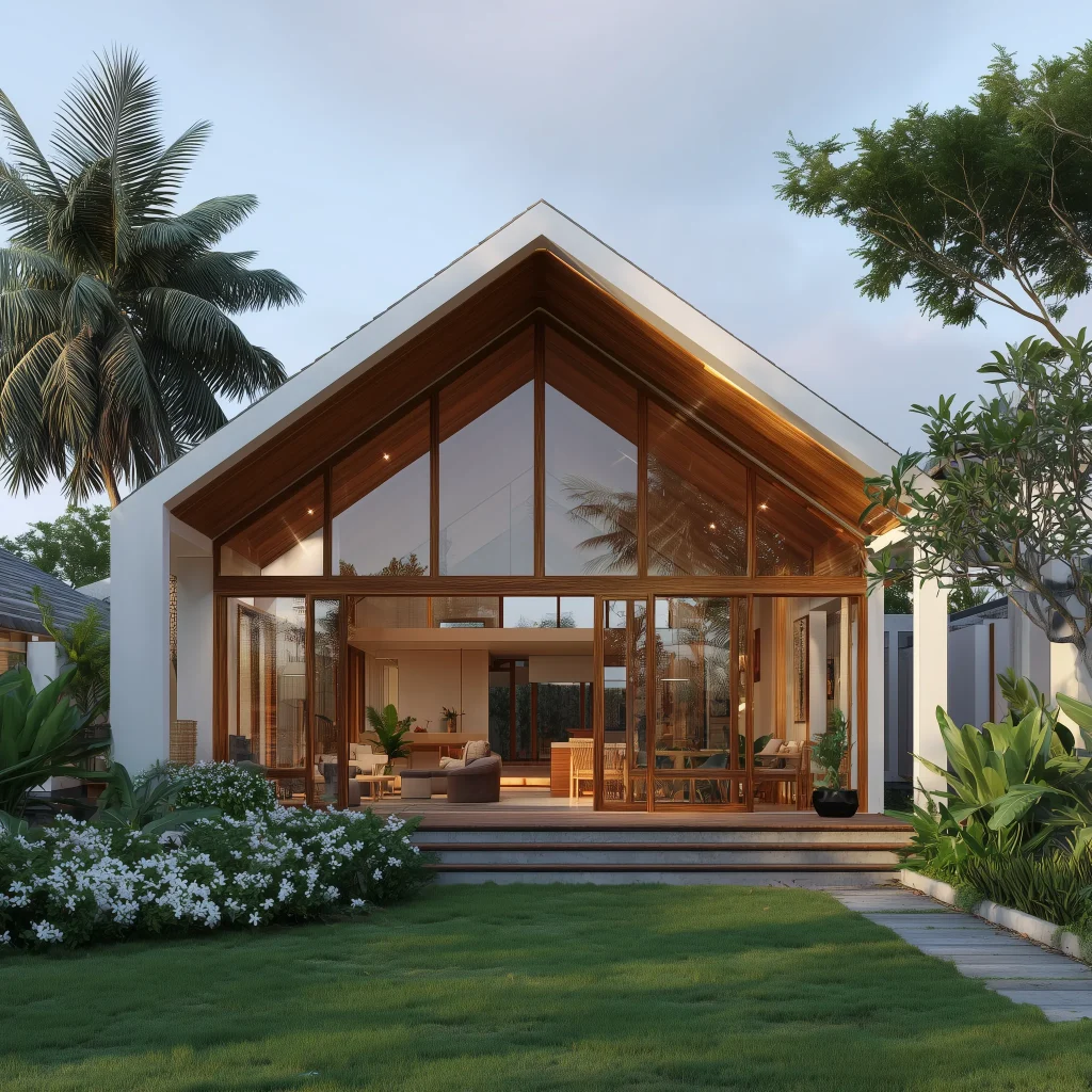 Desain rumah tropis modern dengan jendela floor-to-ceiling untuk ventilasi silang