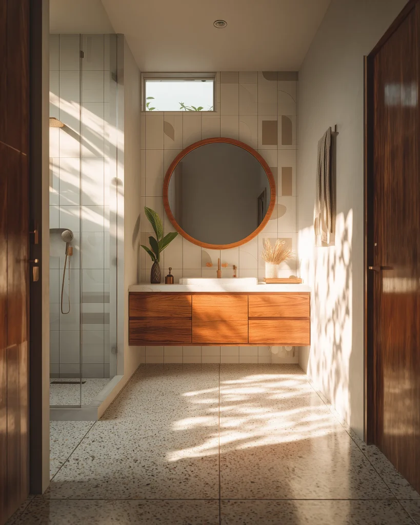 Konsep desain kamar mandi Mid-Century Modern dengan meja wastafel kayu