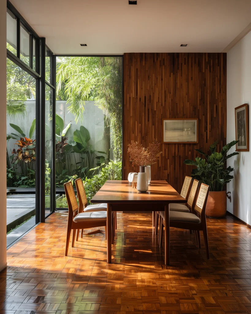 Konsep desain ruang makan Mid-Century Modern yang terhubung dengan taman
