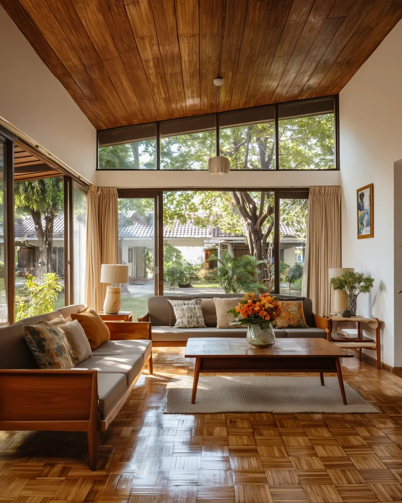 Inspirasi ruang keluarga Mid-Century Modern dengan furnitur kayu ikonik