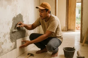 Tukang sedang mengerjakan renovasi rumah