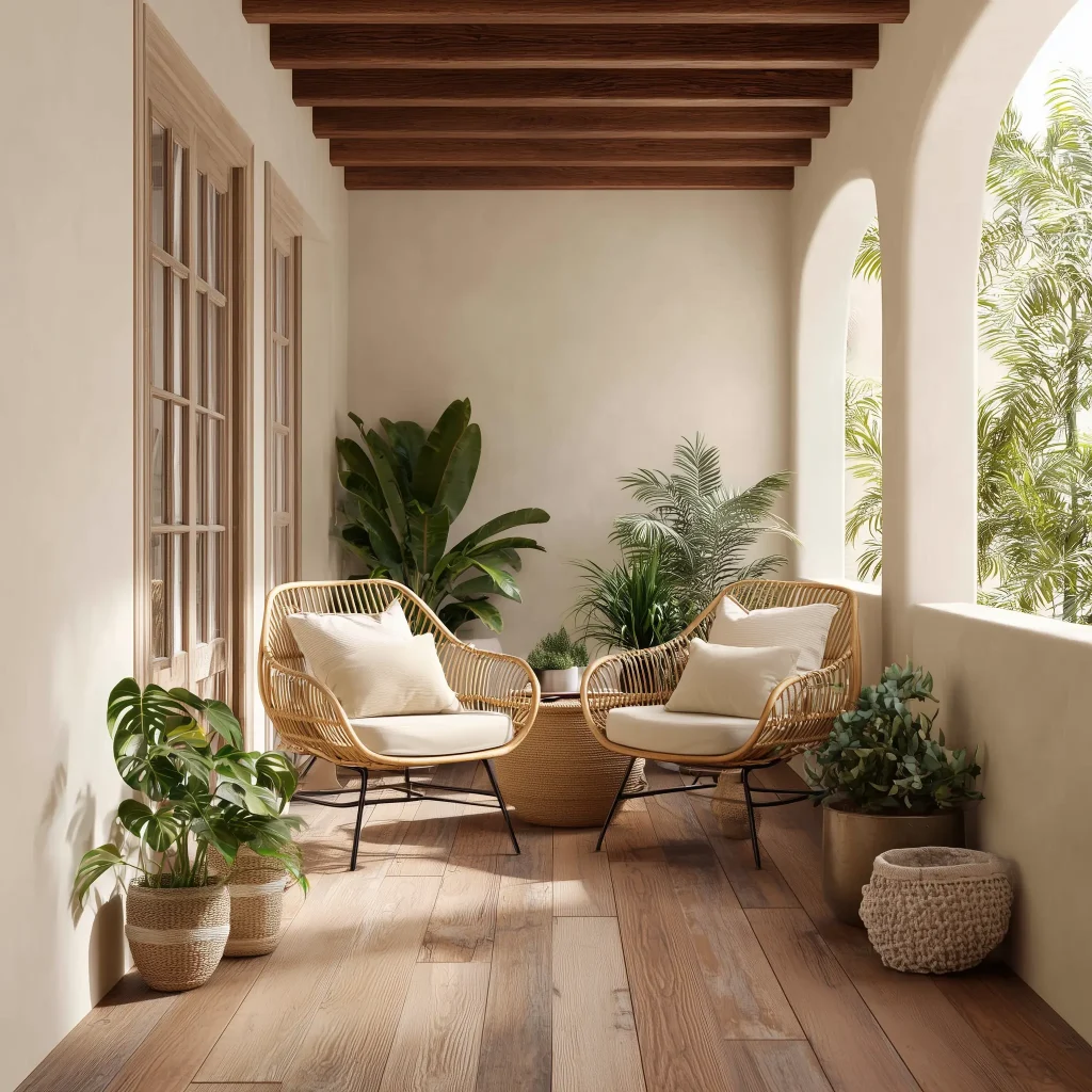 Teras depan yang hangat dengan lantai kayu, langit-langit balok kayu gelap, dua kursi rotan bundar, dan dinding krem bertekstur dengan bukaan melengkung.