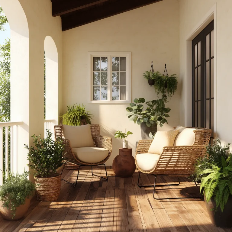 Teras balkon Mediterania yang nyaman dengan lantai kayu gelap, dua kursi rotan besar, dinding krem, dan bukaan melengkung yang menghadap ke tanaman hijau.