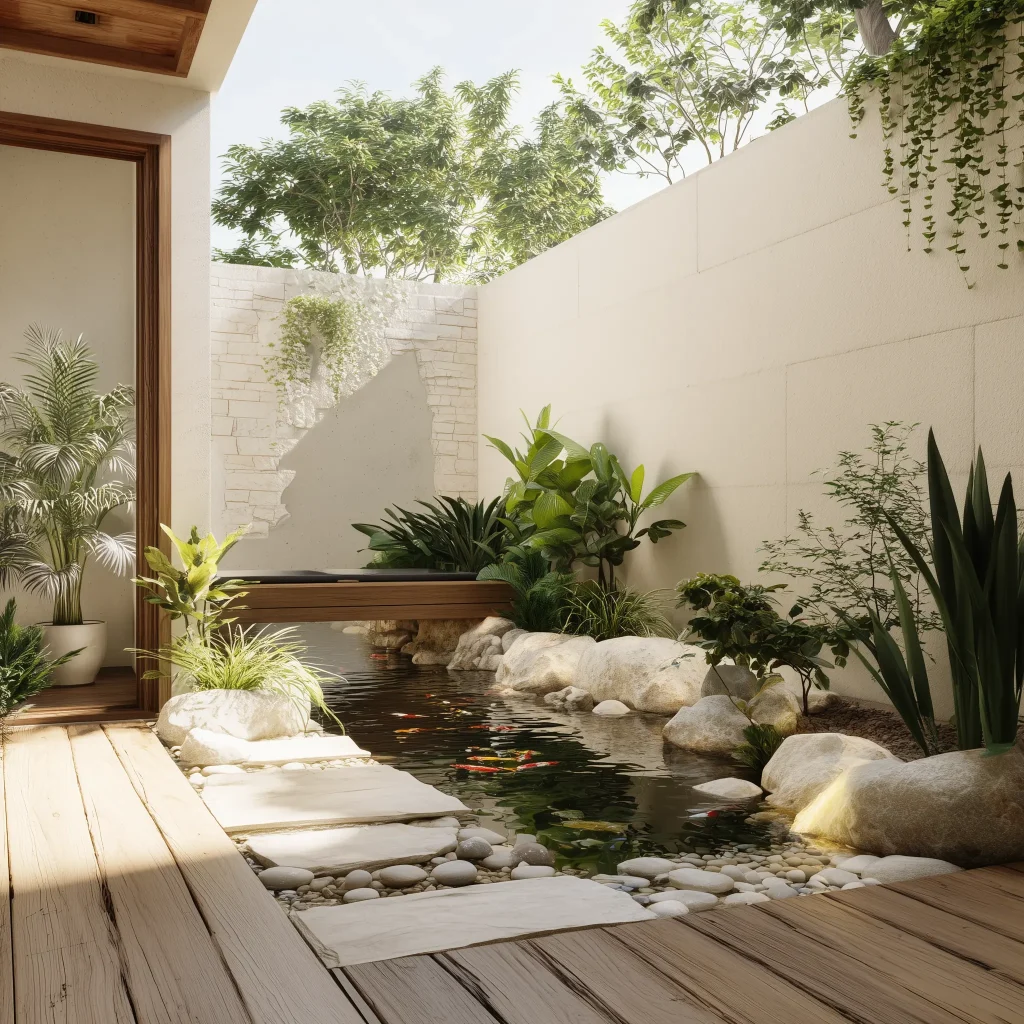 Inspirasi Desain Taman Belakang dengan Mini Kolam Ikan Koi untuk Rumah Minimalis