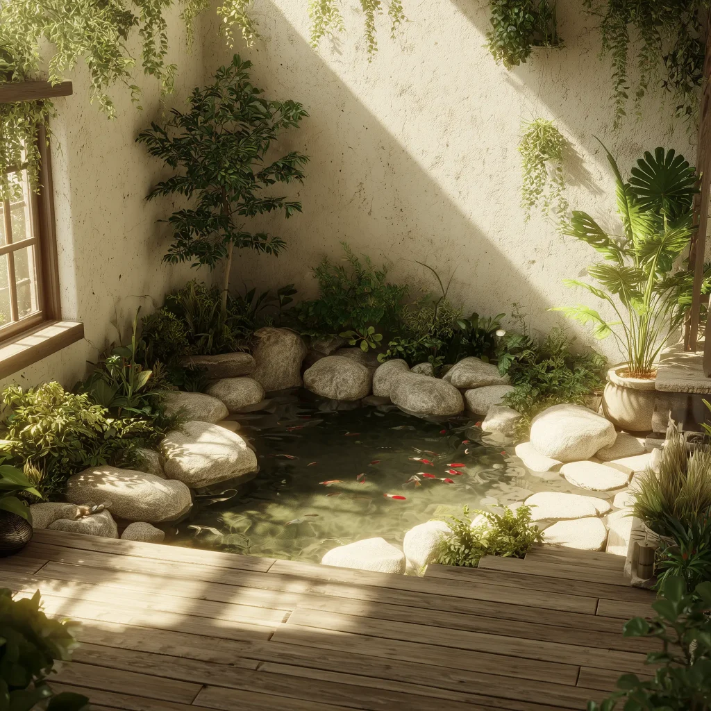 Inspirasi Desain Taman Belakang dengan Mini Kolam Ikan Koi untuk Rumah Minimalis